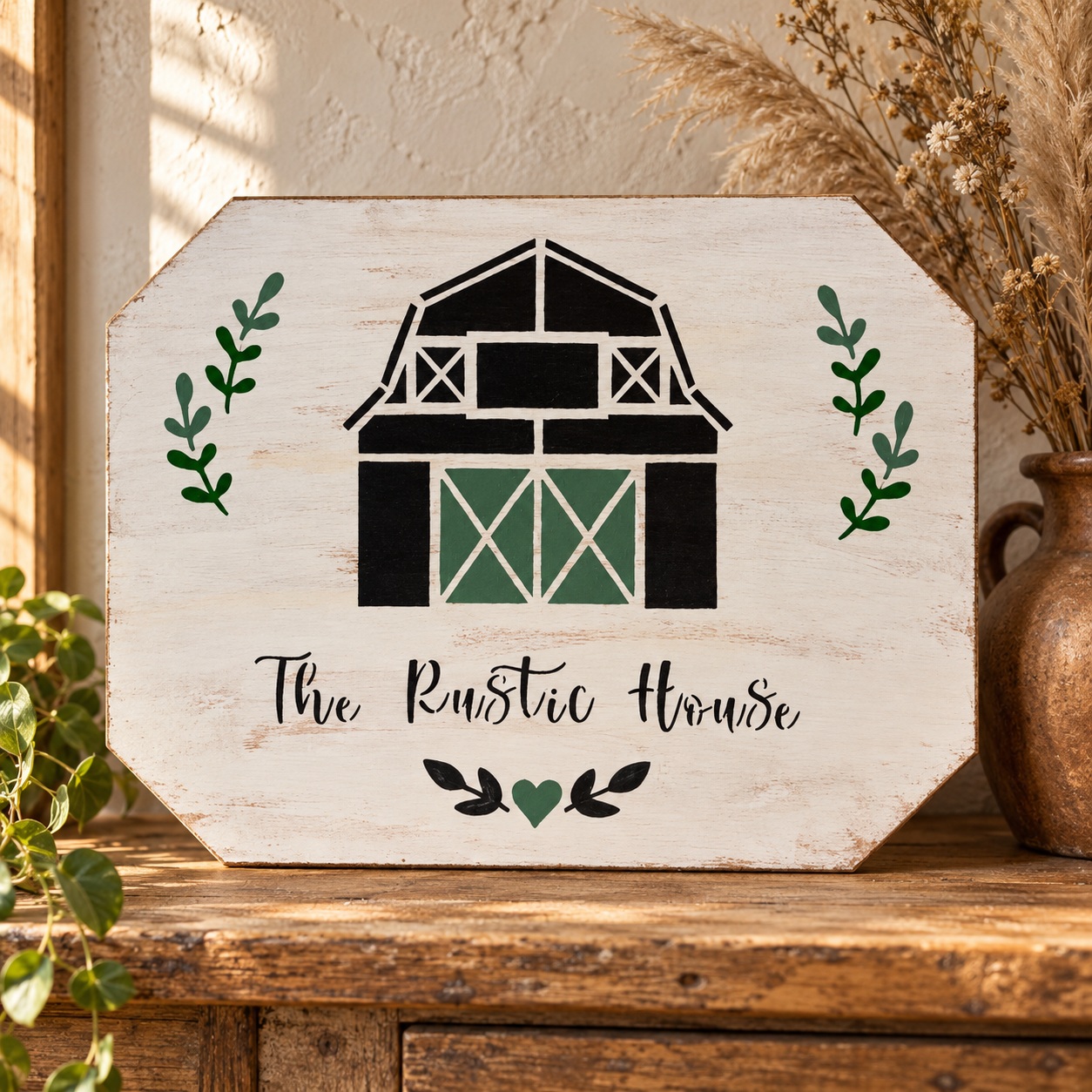 Audrey’s Rustic House barn sign on a weathered wood console with dried flowers and warm farmhouse light